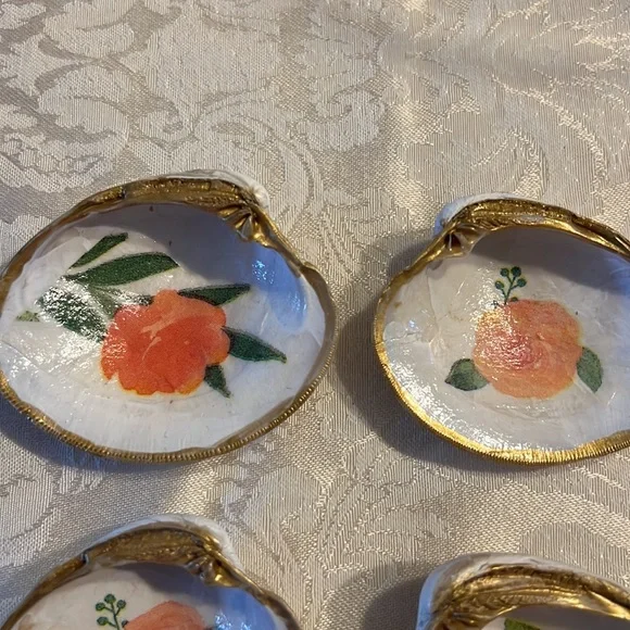 6 Clam Shell Ring Earrings trinket holder with pink flower and painted gold trim
